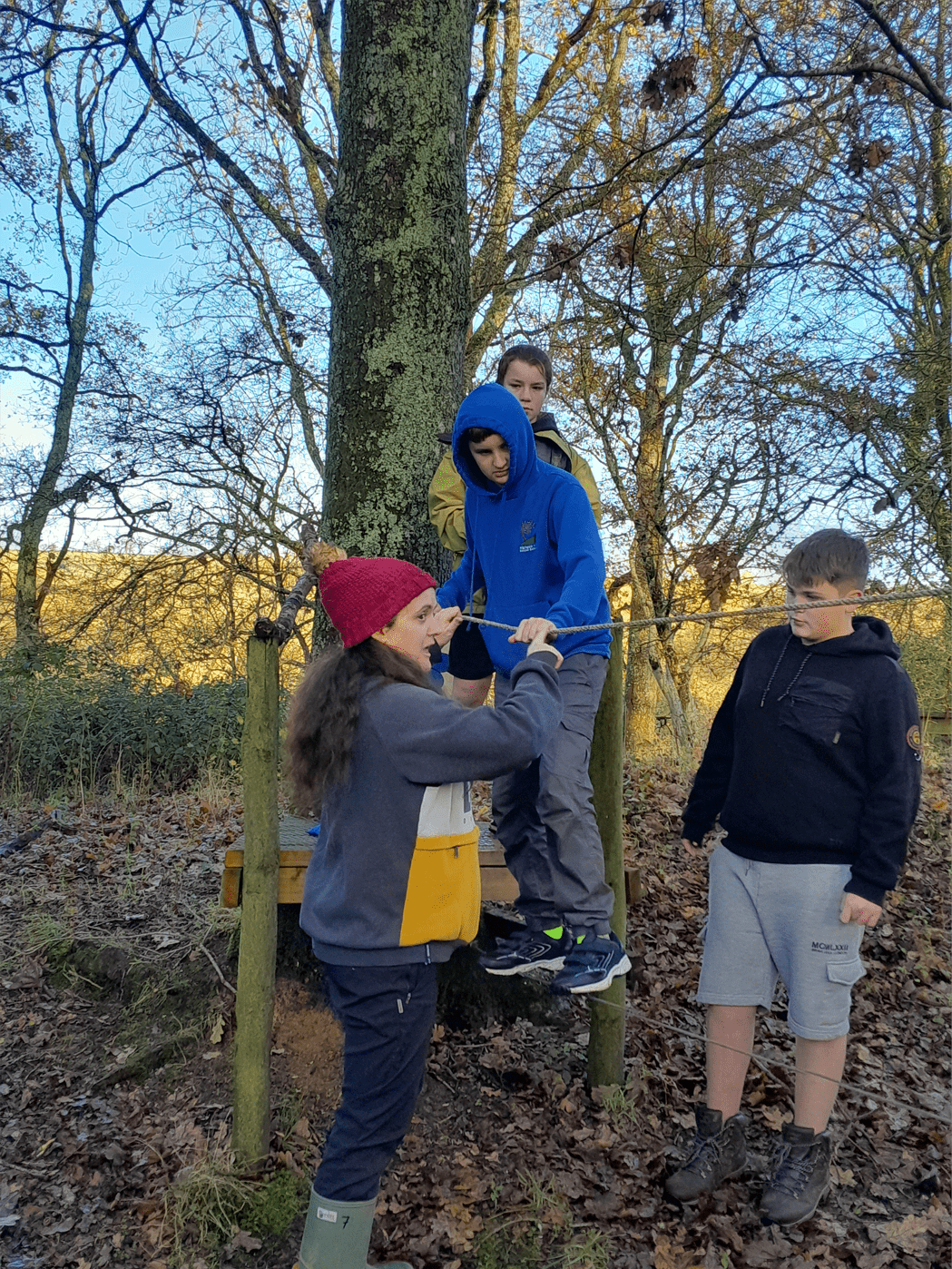 Teamwork in action: Stable School learners tackling low-ropes challenges at Magdalen Farm.
